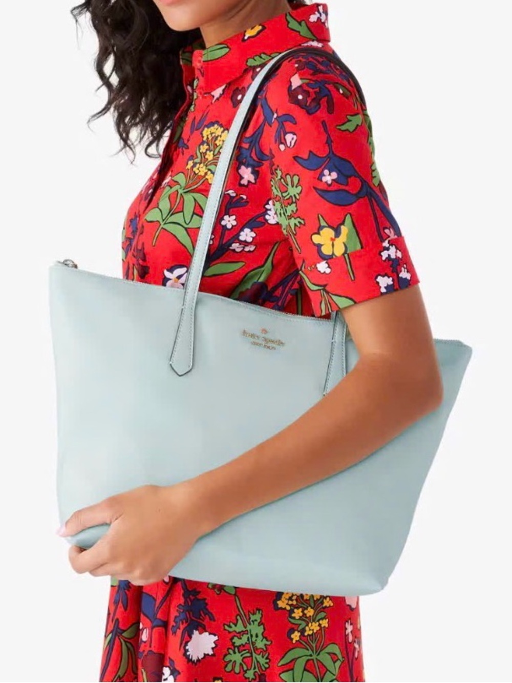 Kate Spade Kitt Medium Nylon Tote Bag Light Blue Zip Top Shoulder Bag